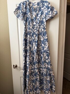 Anthropologie Blue and White Floral Maxi Dress